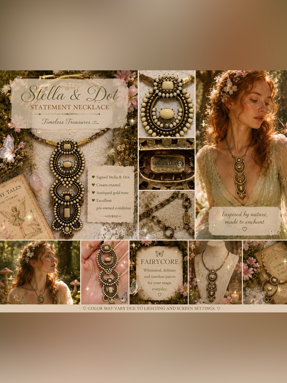 Stella & Dot Statement Necklace Boho Bib Cream Cabochon Brass Gold Tone